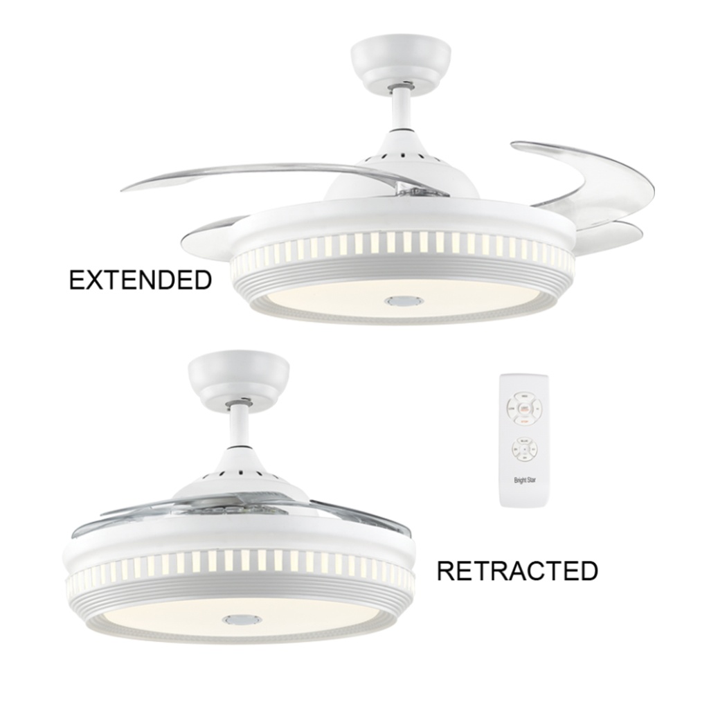 WHITE CEILING FAN, 4 RETRACTABLE BLADES & BLUETOOTH SPEAKER – - Eagle